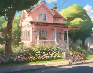 Foto op Canvas かわいい家の水彩画、イラスト素材、背景画｜Cute house watercolor. Illustration material. background painting. Generative AI © happy Wu 