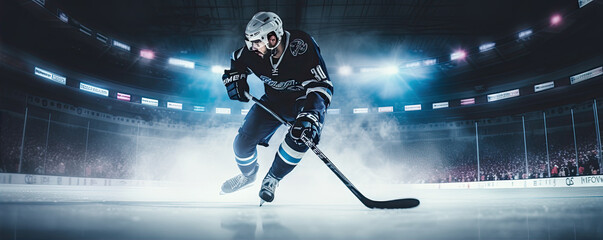 ice hockey player ready to goal. copy space for text.
