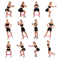 Athletic woman doing different exercises with elastic resistance band on white background, set of photos