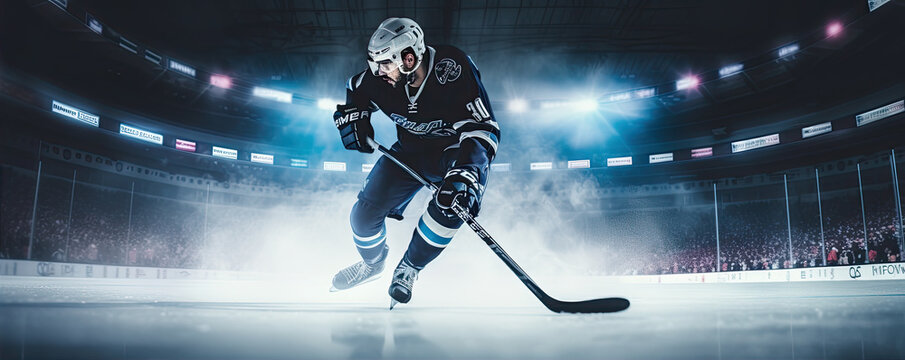 ice hockey player ready to goal. copy space for text.