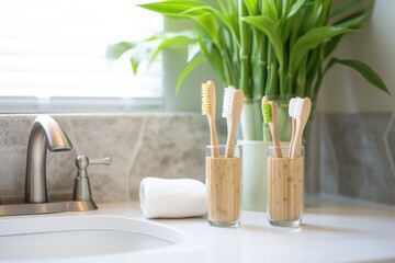 bamboo toothbrushes on a bathroom vanity