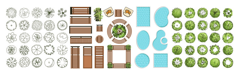 Obraz premium Top view elements for the landscape design plan. Trees and benches for architectural floor plans. Entourage design. Various trees, bushes, and shrubs. Vector illustration.