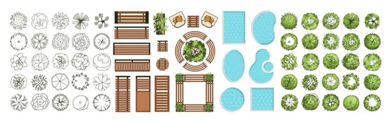 Rolgordijnen Top view elements for the landscape design plan. Trees and benches for architectural floor plans. Entourage design. Various trees, bushes, and shrubs. Vector illustration. © Аня Марюхно