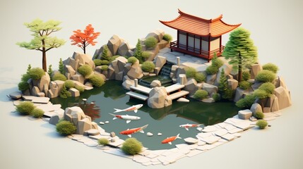 a tranquil isometric Japanese garden, with meticulously raked gravel patterns, minimalist rock arrangements, and a serene koi pond, captured with an HD camera. - obrazy, fototapety, plakaty