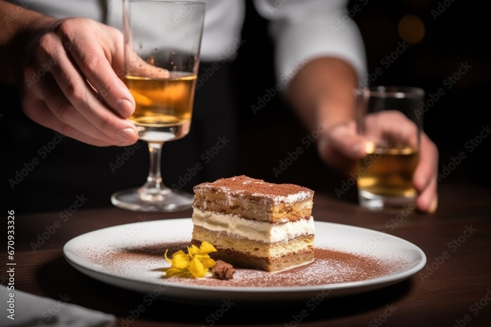 Sticker a square piece of tiramisu being served by a hand