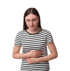 Young woman suffering from stomach pain on white background