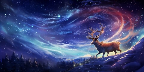 Reindeer pulling Santas sleigh through the night sky - obrazy, fototapety, plakaty