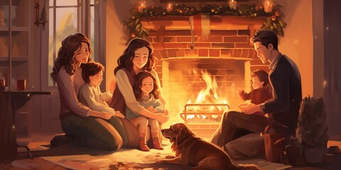 Family gathered around a fireplace cozy illustration