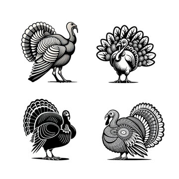 Set of pictures, black and white turkeys for Thanksgiving, png, illustration, white background