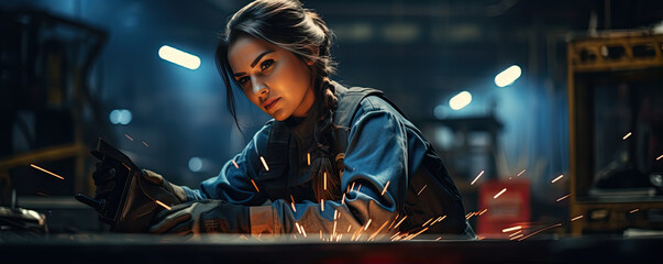 Woman welder in protective workwear in industrial factory.