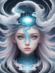 Beautiful female face with blue and white hair. 3d rendering