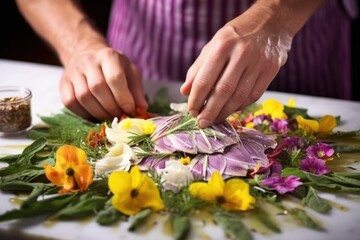 Obraz na płótnie Canvas a persons hand adding edible flowers to an artichoke carpaccio
