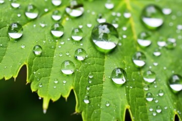 close-up of dew drops on grape leaves