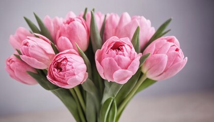 Beautiful pink spring flowers Tulips bouquet on blurry background, delivery for gift concept
