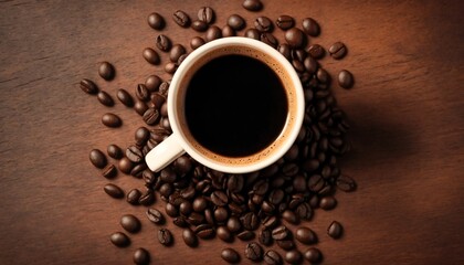 Naklejka premium Cup of black morning coffee and coffee beans scattered on brown wooden table, espresso dark coffee aroma cafe shop background, warm hot beverage drink in mug, top view, flat lay, copy space for text