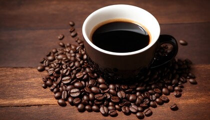 Cup of black morning coffee and coffee beans scattered on brown wooden table, espresso dark coffee aroma cafe shop background, warm hot beverage drink in mug, top view, copy space for text