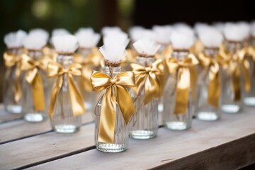 personalized mini champagne bottles with gold ribbon - obrazy, fototapety, plakaty