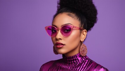 Fashion young African girl black woman wear stylish pink glasses clothes looking at camera isolated on party purple studio background, copy space for text