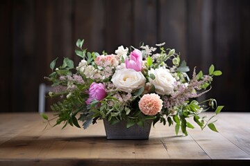 Obraz na płótnie Canvas a floral wedding centerpiece arranged on a wooden table