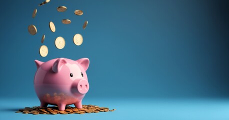 Dollars Coins falling to pink piggy bank saving , Financial and money deposit concept with copy space text