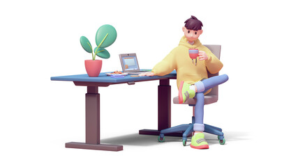 Young successful programmer guy in yellow hoodie, green sneakers sits cross-legged on an office chair at blue computer desk holds red cup of coffee in hand enjoys. 3d render isolated transparent.