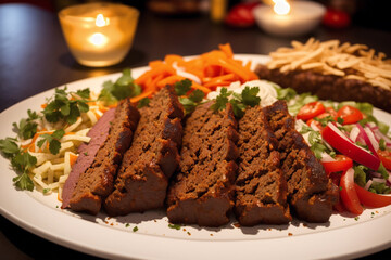 Fototapeta na wymiar A plate with doner kebab on a wooden table. shish kabob, meat sticks. Generative AI