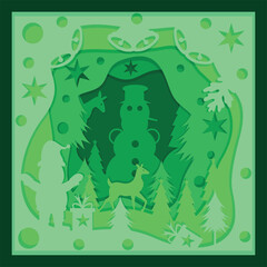 Hand drawn flat 3D Christmas Shadow BOX paper cut design
