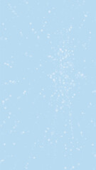 Snowy christmas background. Subtle flying snow flakes and stars on light blue winter backdrop. Delicate sweet snowy christmas. Vertical vector illustration.