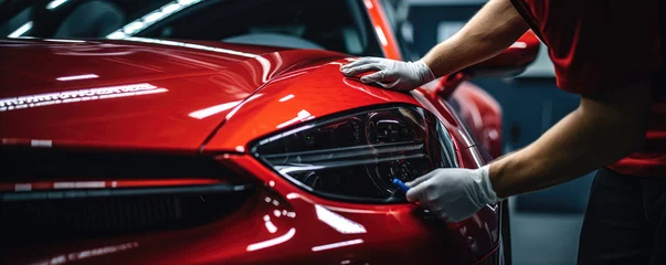 Poster Car detailing close up.: man cleaning red sport car. © Alena