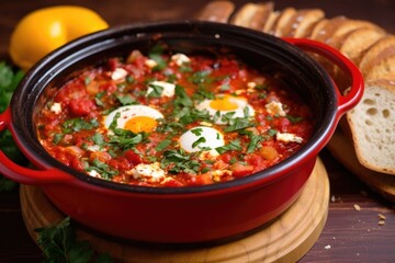 shakshuka in a red enamel pot with a wooden spoon