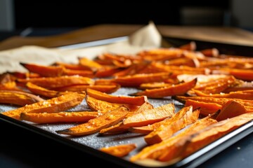 sweet potato fries on a baking sheet fresh from the oven