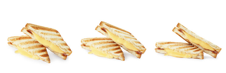 Tasty grilled sandwich with ham and melted cheese isolated on white, different sides