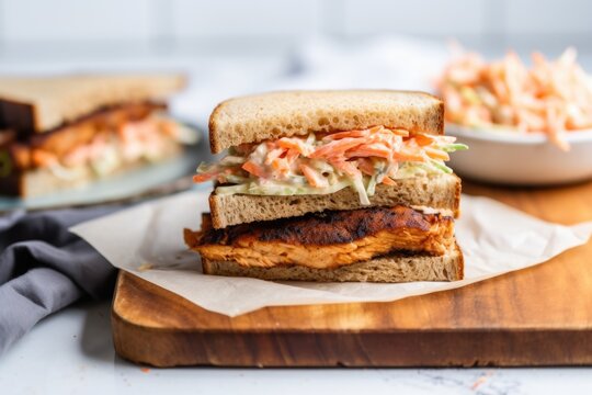 tempeh sandwich with coleslaw on the side
