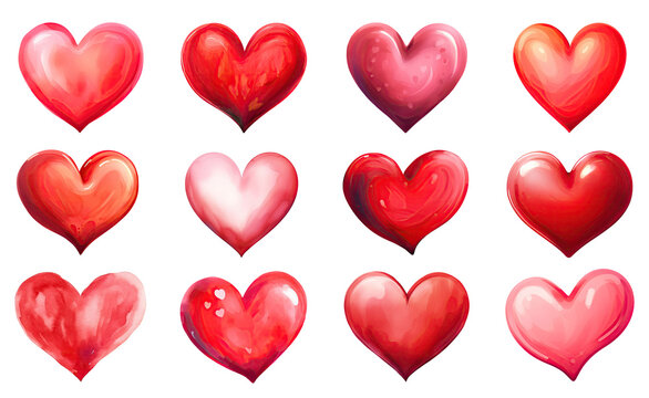 Set of red and pink hearts isolated on transparent background