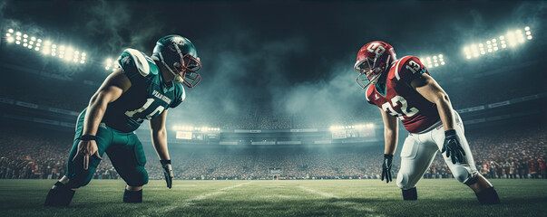 Two american football players with helmets standing opposite. - Powered by Adobe