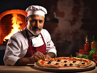 Taste of Italy. A pizzaiolo Chef from Naples Showcasing a Delicious Piping Hot Pizza. Copy Space. Neapolitan Gastronomy