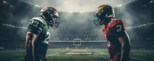 Two american football players with helmets standing opposite. - obrazy, fototapety, plakaty