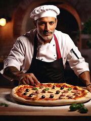Taste of Italy. A pizzaiolo Chef from Naples Showcasing a Delicious Piping Hot Pizza. Copy Space. Neapolitan Gastronomy
