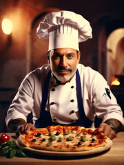 Taste of Italy. A pizzaiolo Chef from Naples Showcasing a Delicious Piping Hot Pizza. Copy Space. Neapolitan Gastronomy