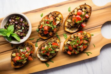 top down view of bruschetta with artichoke and olive tapenade