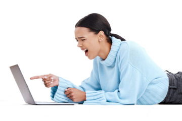 Laptop, angry woman and pointing feeling frustrated, upset or stress from email scam isolated on a transparent PNG background. Female person in computer spam, tech problem or phishing on the ground