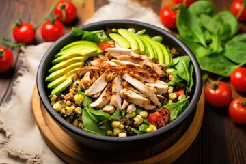 grilled chicken salad mixed with ripe avocado and corn