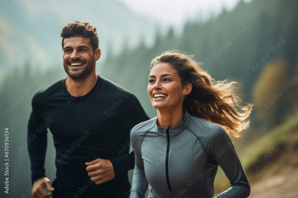 Wall mural Couple doing sport together outdoor, running together. Morning run. Healthy lifestyle. Sport concept