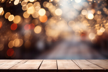 Wooden table in front of abstract bokeh lights background.
