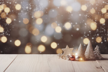 Fototapeta na wymiar Christmas decoration on wooden table over bokeh background. Christmas greeting card.