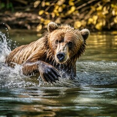 A bear diving into the water to save her cub.