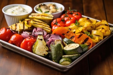 mixed set of grilled vegetables neatly presented in a serving tray