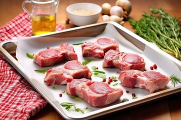 lamb chops on parchment paper in a baking tray with an inbuilt thermometer