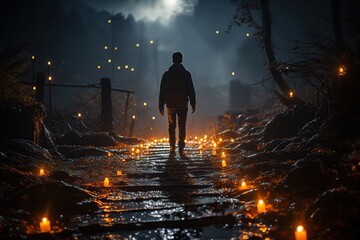 man walking in the night toward the light in empty space - obrazy, fototapety, plakaty