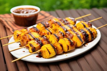 grilled plantains topped with a mango bbq drizzle served on a bamboo mat
